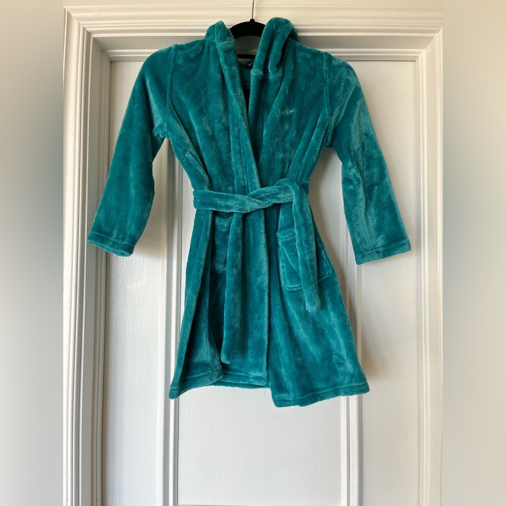 Lands’ End Youth Size 6 Teal Hooded Fluffy Kids Robe Monogrammed WBH Boy Girl